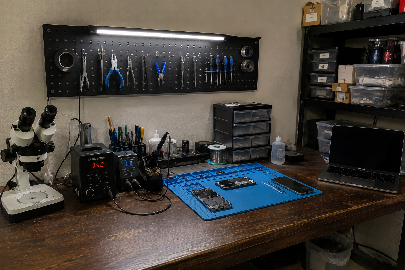Healthy Phone Tech repair bench with tools, microscope, and equipment in Chiefland